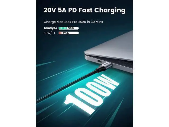 Alt view image 2 of 7 - UGREEN USB C to USB C Cable 100W Fast Charge - 10FT USB 2.0 Type C 5A Power Delivery Nylon Braided Charging Cord Compatible for MacBook Pro 2021 iPad Pro Samsung Galaxy S21 S20 Note 20 Dell XPS Pixel