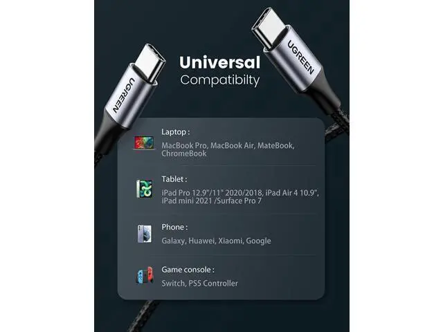 Alt view image 5 of 7 - UGREEN USB C to USB C Cable 100W Fast Charge - 10FT USB 2.0 Type C 5A Power Delivery Nylon Braided Charging Cord Compatible for MacBook Pro 2021 iPad Pro Samsung Galaxy S21 S20 Note 20 Dell XPS Pixel