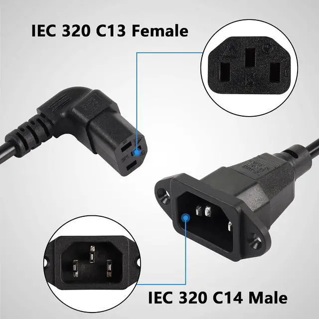 Alt view image 2 of 7 - WRIARICH 0.3m Down Angle C13 to C14 Panel Mount Power Cable, 90 Degree IEC 320 C13 Female to C14 Male PDU Power Supply Extension Cord for Monitors,Computers,Etc(Dc13m-c14)