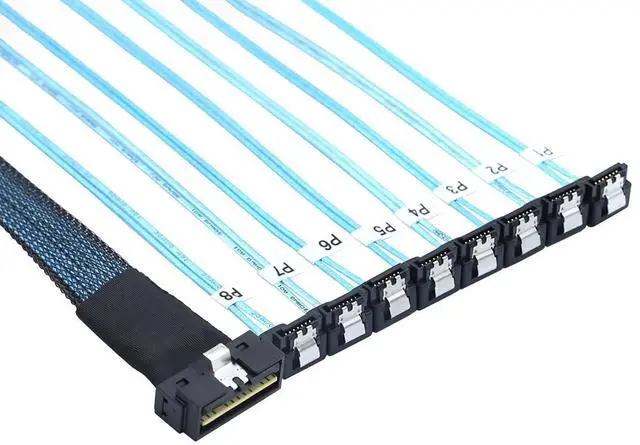 Main image of WRIARICH SlimSAS LP Low Profile SFF-8654 8i 74P to 8* SATA 7P 90 Degree Cable 30AWG Server Internal High Speed Connection Harness (1M)