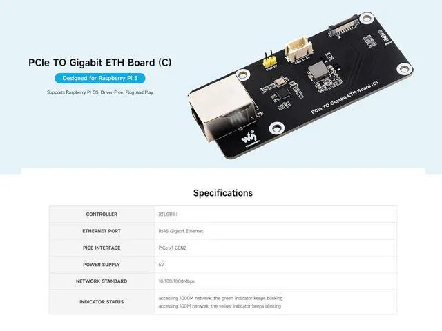 Alt view image 2 of 6 - WRIARICH PCIe to Gigabit ETH Board for Raspberry Pi 5, PCIe Adapter Support Raspberry Pi OS, Support Power Supply via PCIe Cable, Driver-Free, Plug and Play