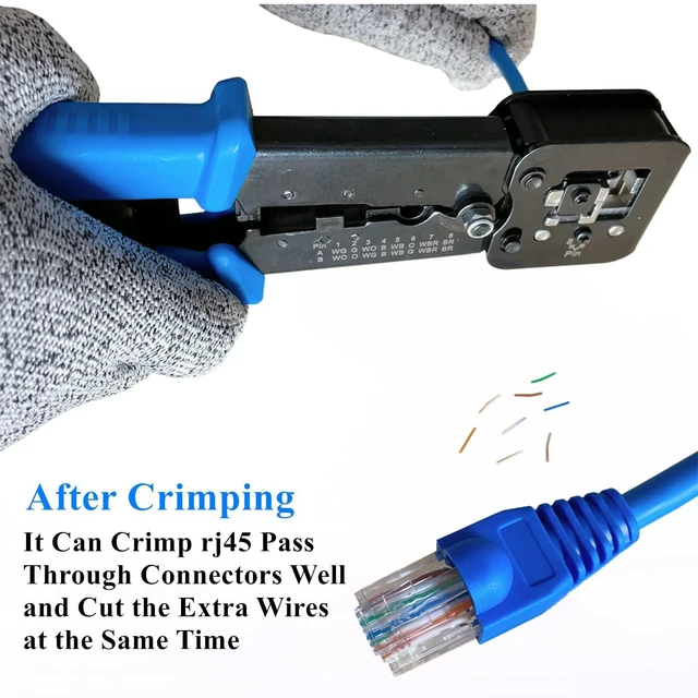 Alt view image 4 of 7 - rj45 Crimping Tool for Cat6 Cat5e Cat5, Sturdy Crimper for rj45 rj12/11 Pass-Through Connectors with 50pcs rj45 Cat5e Pass-Through Connectors, 50pcs Covers, Wire Stripper; Network Cable Tester