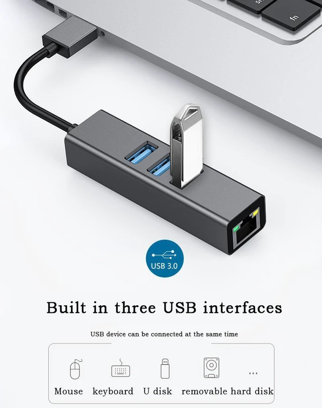 Alt view image 4 of 7 - WRIARICH USB to RJ45 Gigabit Network Card 10M/100M/1000M Network Adapter Drive free Expansion Dock Gigabit Computer External USB Network Card 3.0 HUB Integrator