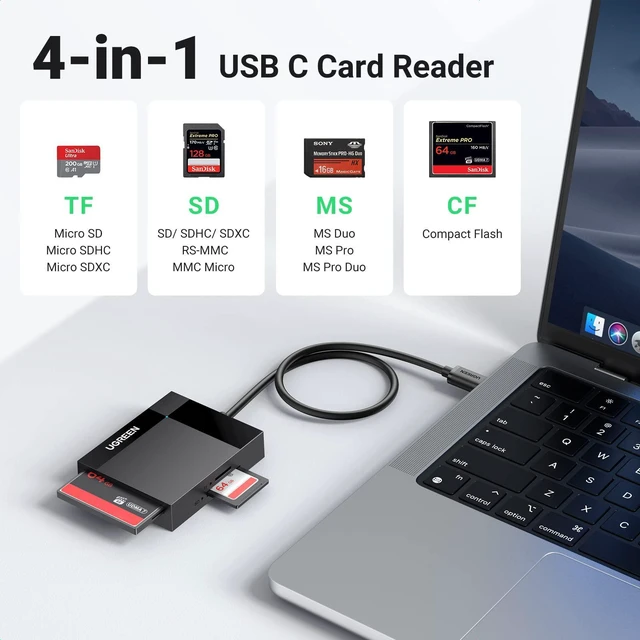 Alt view image 2 of 7 - WRIARICH USB C SD Card Reader 4-in-1 Memory Card Adapter External SD Micro SD MS CF Compact Flash Camera Card Reader Compatible with iPhone 15, Trail Camera, MacBook, iPad