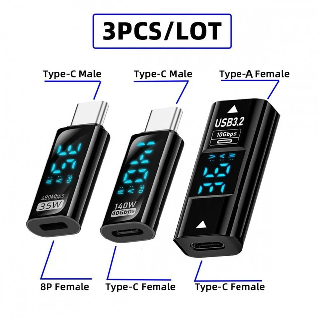 Alt view image 3 of 7 - WRIARICH 3pcs/lot Type-C Smart LED Display USB-C Female to USB Type-A 8P Adapter Data Current Voltage Fast Charging Monitoring Display Tester Detector
