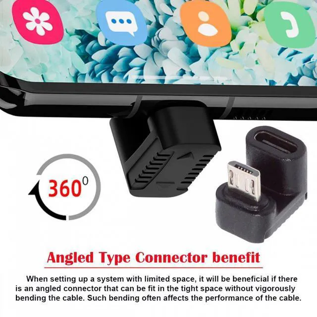 Alt view image 5 of 7 - WRIARICH 4pcs/lot USB-C USB2.0 Type-C Female to Micro USB Male Power Data Adapter 360 Degree Opposite Down Back Angled
