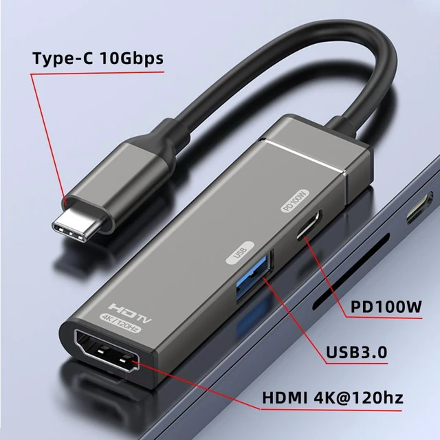 Alt view image 2 of 7 - WRIARICH USB-C Type-C to HDMI 4K@120hz USB 3.0 OTG Converter HDTV Multiport Adapter with Female PD 100W Power Port