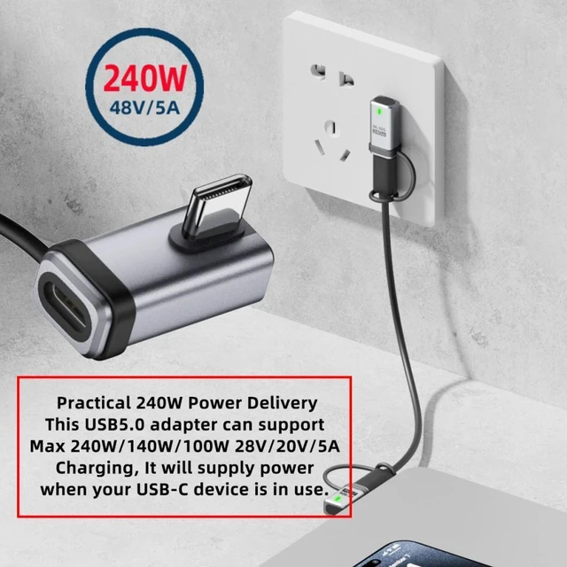 Alt view image 2 of 7 - WRIARICH 90 Degree USB5.0 80Gbps Male to Female Low Profile Left Right Angled Extension Adapter with Lanyard Keychain 240W 16K 8K 5K Compatible with USB4.0 Thunderbolt3/4/5