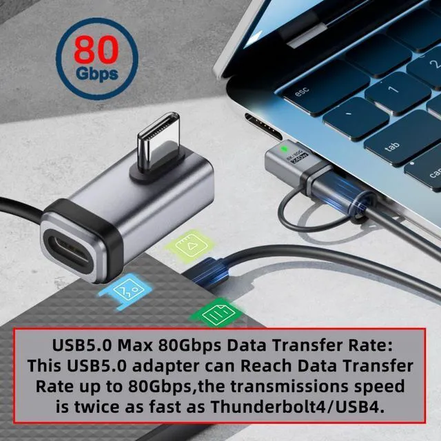 Alt view image 3 of 7 - WRIARICH 90 Degree USB5.0 80Gbps Male to Female Low Profile Left Right Angled Extension Adapter with Lanyard Keychain 240W 16K 8K 5K Compatible with USB4.0 Thunderbolt3/4/5