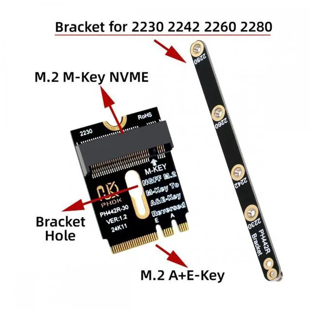 Alt view image 2 of 7 - WRIARICH 2230 NGFF A+E-Key Male to NVME M-key Female Extension PCI-E 4.0 Adapter with Bracket for Laptop Mainboard SSD 2280