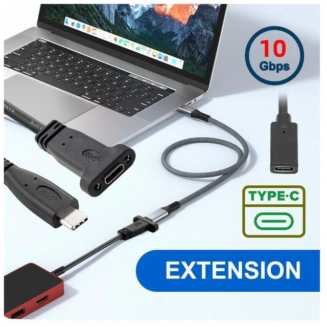 Alt view image 7 of 7 - WRIARICH USB-C USB 3.1 Type-C Male to Female Extension Data Cable with Panel Mount Screw Hole