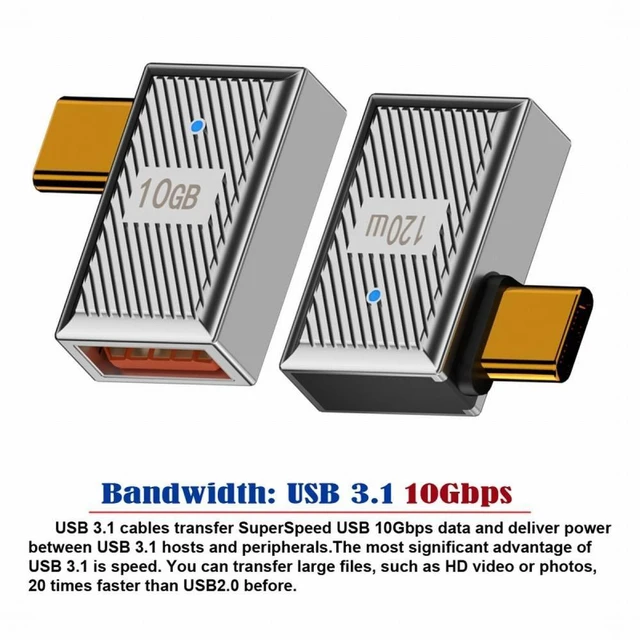 Alt view image 2 of 7 - WRIARICH USB-C USB 3.1 Type-C Male to USB 3.0 A Female 10Gbps OTG Data 120W Power Left Right Angled Adapter Alloy Shell Mecha Cyberpunk Style