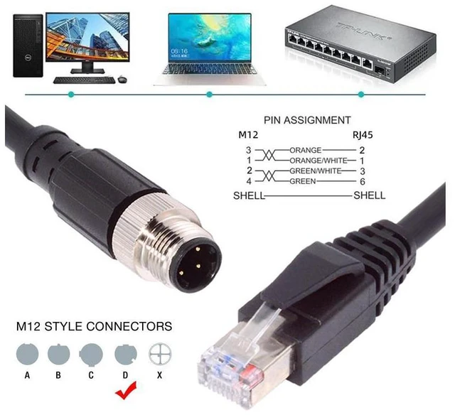 Alt view image 3 of 7 - WRIARICH M12 Type-D D-coded 4Pin Male to RJ45 Cat5e Male Cable Lan Ethernet Network Industrial Applications IP67 Patch Cord