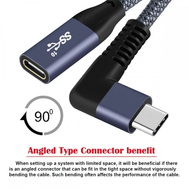 Alt view image 4 of 7 - WRIARICH 90 Degree Left Right USB3.2 Male to Female Extension Cable 20Gbps Sleeve with 100W and 8K 5K USB4.0 Type-C Compatible with Thunderbolt3/4 (0.3m)