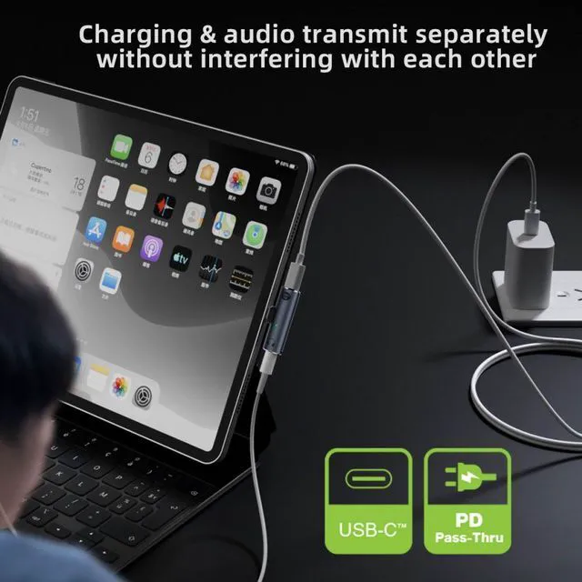 Alt view image 6 of 7 - WRIARICH USB-C Type-C to 3.5mm Audio DAC AUX Music 16bit 48kHz & 100W PD Power Adapter for Laptop Tablet Phone