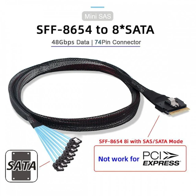 Alt view image 5 of 7 - WRIARICH Slimline SAS 4.0 SFF-8654 8i 74pin Host Raid to 8 SATA 7pin Target Hard Disk Fanout Raid Cable 1-to-8 Splitter (1.0m)