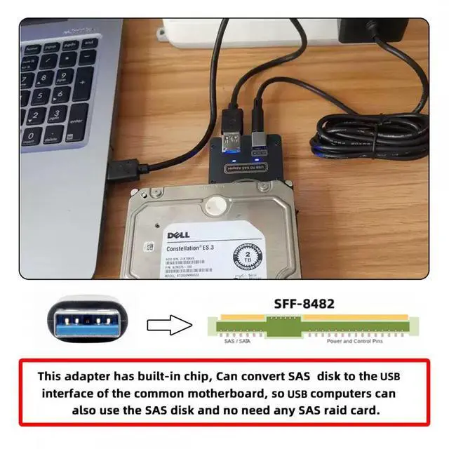 Alt view image 7 of 7 - WRIARICH SFF-8482 SAS 29Pin to USB 3.0 5Gbps Hard Disk Drive Raid Adapter with Chipset and Power Port (Need 12V/3A Power Supply)