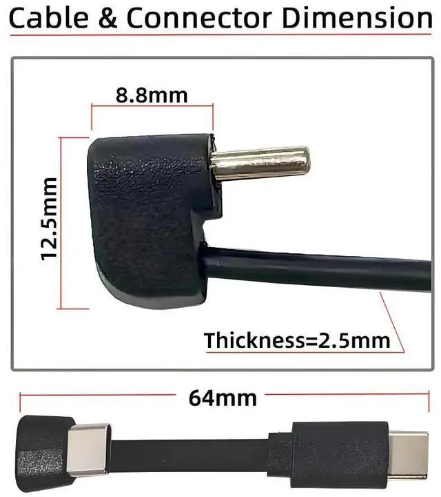 Alt view image 2 of 7 - WRIARICH Cable Ultra Slim Flat USB-C Type-C Male to Female Extension Power USB2.0 Data Cable Opposite U Shape Back Angled 65W Fast Charge for Laptop Tablet Phone