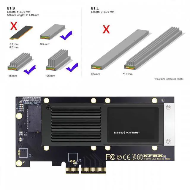 Alt view image 2 of 7 - WRIARICH PCI-E 4.0 4X Host Adapter to NVMe Ruler 1U GEN-Z EDSFF 9.5mm 15mm 25mm Thickness Short SSD E1.S with Heat Sink PM9A3 PM9D3 P5801X Carrier Adapter