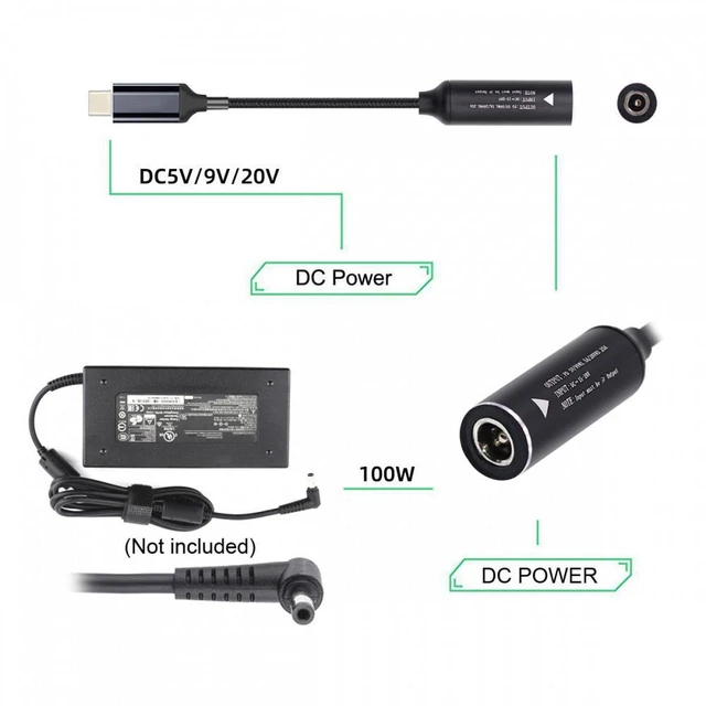 Alt view image 3 of 7 - WRIARICH DC Jack 5.5X2.5mm Input to USB-C Type-C Power 100W Charge Cable for Laptop Phone PD9V 5V 20V