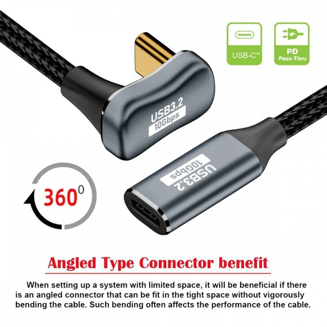 Alt view image 4 of 7 - WRIARICH 1.0M Opposite U Shape Back Angled USB-C USB 3.1 Type C Male to Female Extension Data Cable 10Gbps 100W with Sleeve