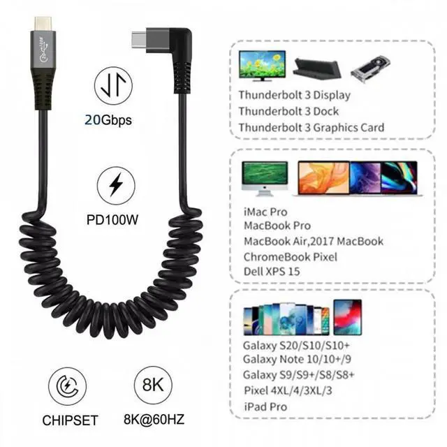 Alt view image 3 of 7 - WRIARICH Stretch Coiled USB-C USB4 Cable 20Gbps 100W 8K Type-C Right Angled Male to Male Cable Power & Data for Laptop Keyboard Tablet