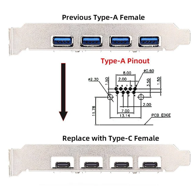 Alt view image 3 of 6 - WRIARICH DIY OEM Type-C Female Socket Connector with VL160 Chipset Replace for USB3.0 Type-A Female DIP Type DC 5V Power