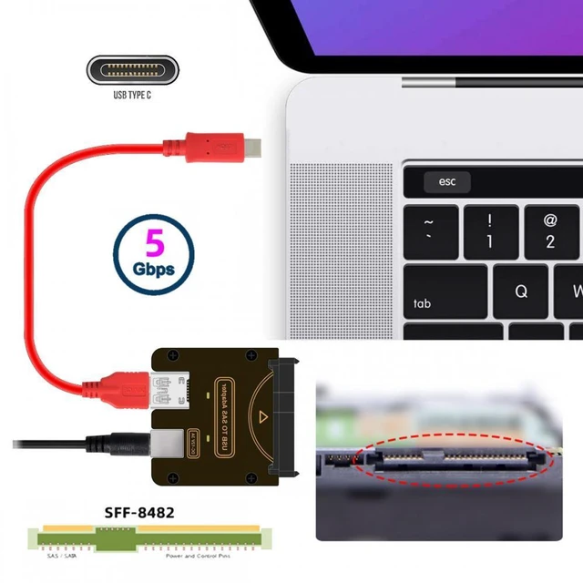 Alt view image 2 of 7 - WRIARICH SFF-8482 SAS 29Pin to USB Type-C & Type-A 5Gbps Hard Disk Drive Raid Adapter with Chipset and Power Port (Need 12V/3A Power Supply)
