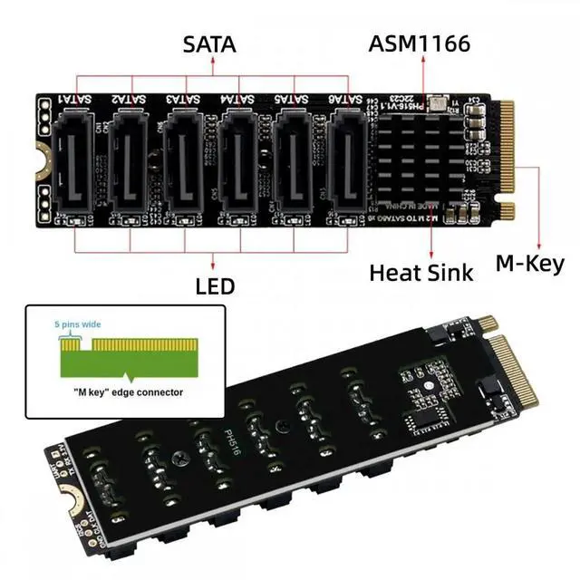 Alt view image 4 of 7 - WRIARICH NGFF NVME M-Key PCI Express to SATA 3.0 6Gbps 6 Ports Adapter Converter Hard Drive Extension Card 2280
