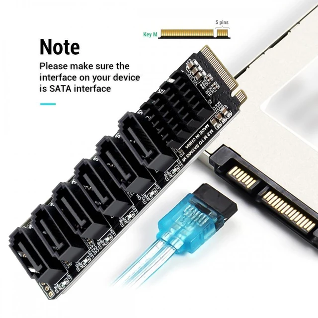 Alt view image 7 of 7 - WRIARICH NGFF NVME M-Key PCI Express to SATA 3.0 6Gbps 6 Ports Adapter Converter Hard Drive Extension Card 2280