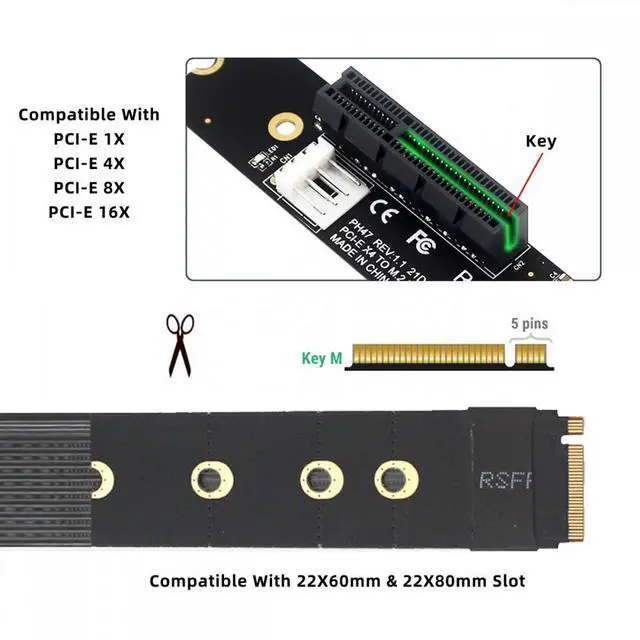 Alt view image 3 of 7 - WRIARICH M.2 NGFF NVMe M-Key to PCI-E X1 X4 X8 X16 Cable Graphics Card Extension Adapter PCI-Express for M2 2260 2280