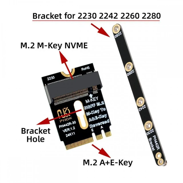 Alt view image 2 of 7 - WRIARICH 2230 NGFF A+E-Key Male to NVME M-key Female Extension PCI-E 4.0 Adapter with Bracket for Laptop Mainboard SSD 2280