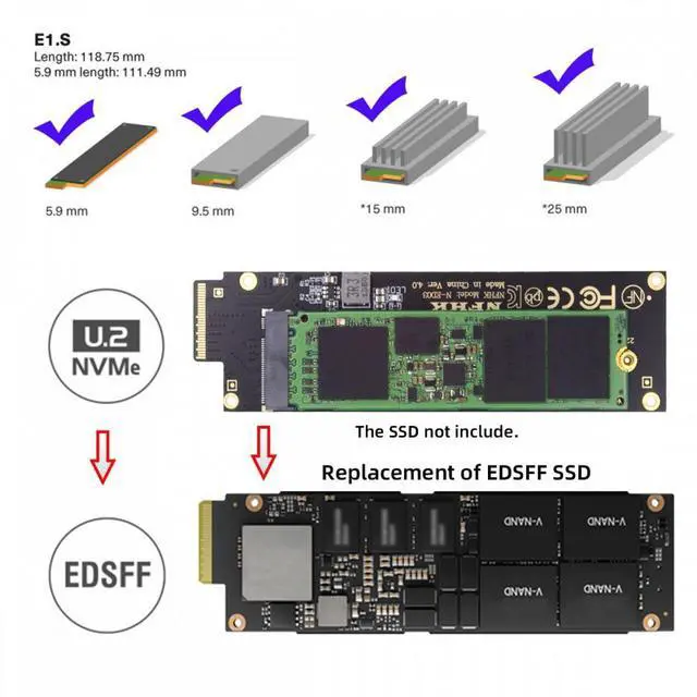 Alt view image 7 of 7 - WRIARICH NVMe NGFF M-key 4X to PCI-E Ruler 1U GEN-Z EDSFF Short SSD E1.S Host Carrier Adapter