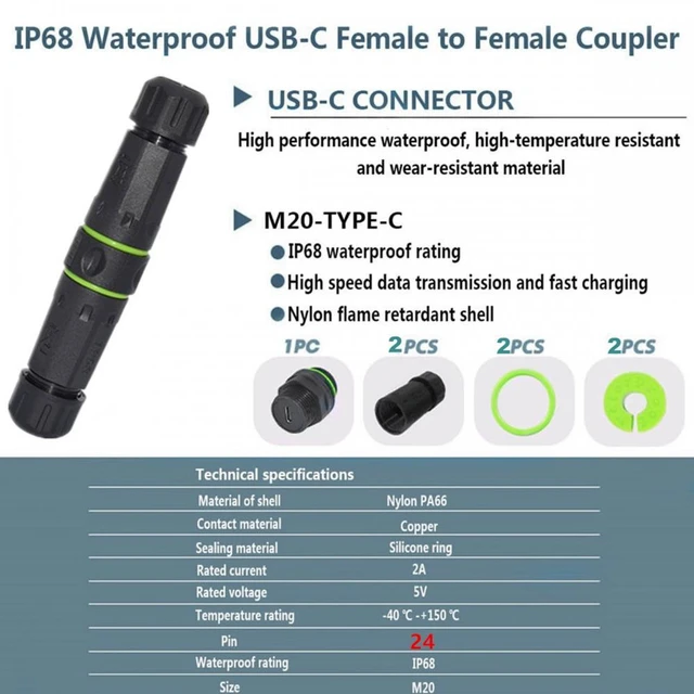 Alt view image 3 of 7 - WRIARICH M20 Locking IP68 Waterproof Type-C 10Gbps USB3.1 Female to USB-C Female Extension Adapter Coupler