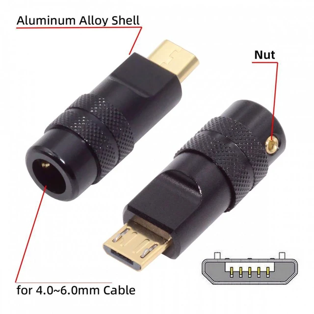 Alt view image 3 of 7 - WRIARICH Micro USB2.0 5Pin Male Plug Connector Solder Type with Aluminum Alloy Shell Black Customization for 4.0mm~6.0mm Cable