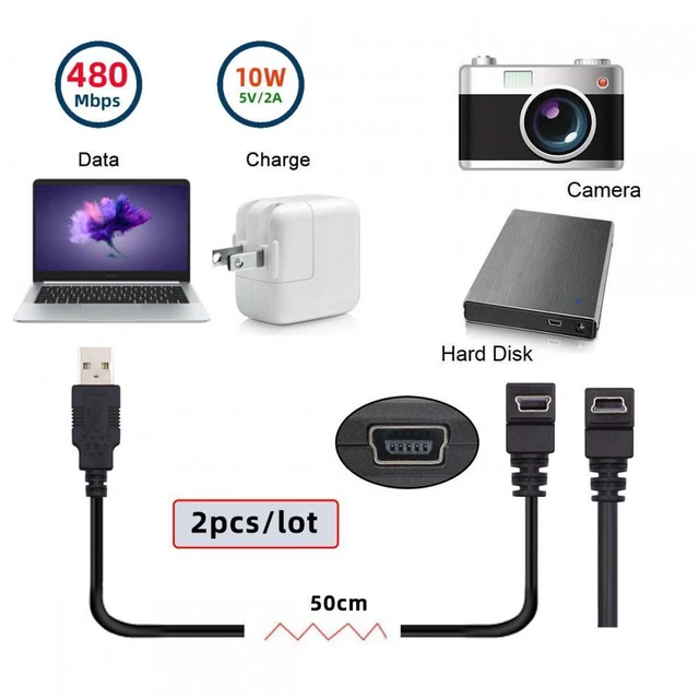 Alt view image 7 of 7 - WRIARICH Cable 2pcs/lot Down & Up Angled Mini USB B Type 5pin Male 90 Degree to USB 2.0 Male Power Data Cable 50cm