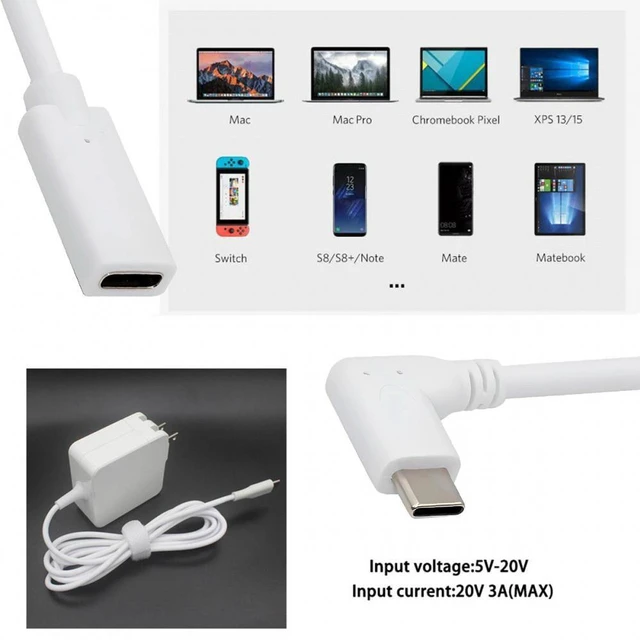 Alt view image 3 of 7 - WRIARICH Cable White USB-C Type-C Male to Female Extension Power USB2.0 Data Cable 90 Degree Left Right Angled 65W Fast Charge for Laptop Tablet Phone