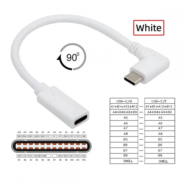 Alt view image 7 of 7 - WRIARICH Cable White USB-C Type-C Male to Female Extension Power USB2.0 Data Cable 90 Degree Left Right Angled 65W Fast Charge for Laptop Tablet Phone