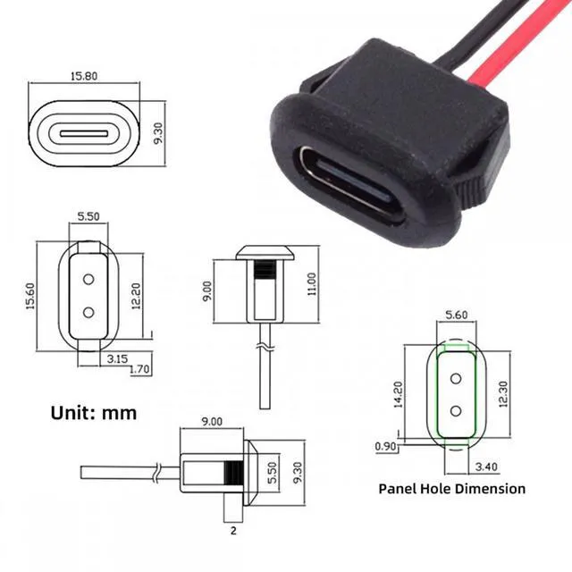 Alt view image 3 of 7 - WRIARICH Cable 2pcs/set DIY OEM Type-C USB-C Female Socket to 2Pin Open Cable Latch Mount Type DC 5V Power