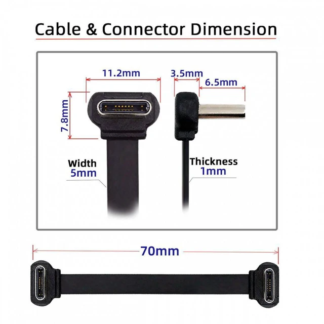 Alt view image 2 of 7 - WRIARICH USB-C Type C to USB-C Ultra Slim Flat Power USB2.0 Data Cable Angled Connector 65W Fast Charge for Laptop Tablet Phone
