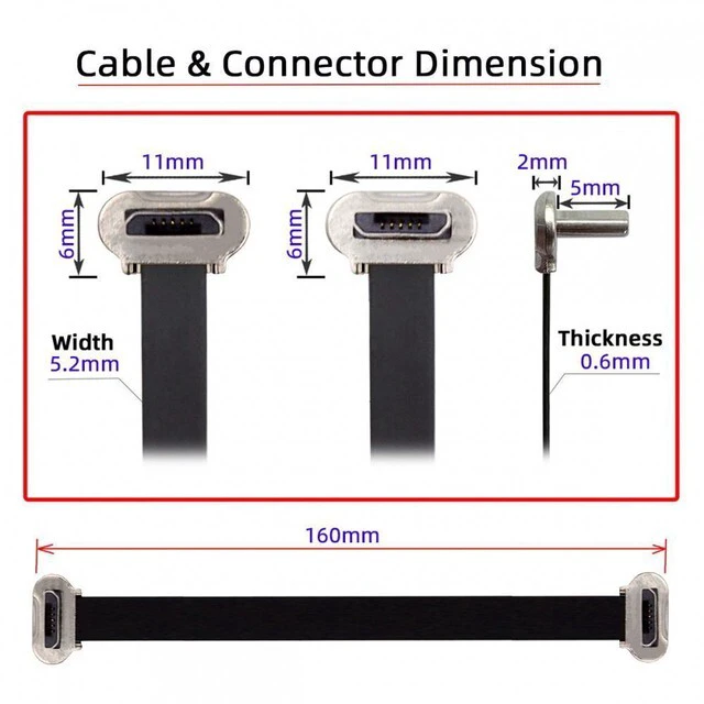 Alt view image 7 of 7 - WRIARICH Cable Micro USB2.0 Male to Micro USB Male 5Pin Ultra Slim Flat Data Charge Cable 16cm Down to Up Angle 90 Degree Connector