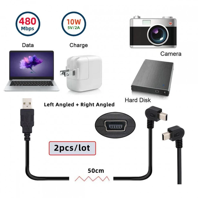 Alt view image 7 of 7 - WRIARICH 2pcs/lot Left & Right Angled Mini USB B Type 5pin Male 90 Degree to USB 2.0 Male Power Data Cable 50cm