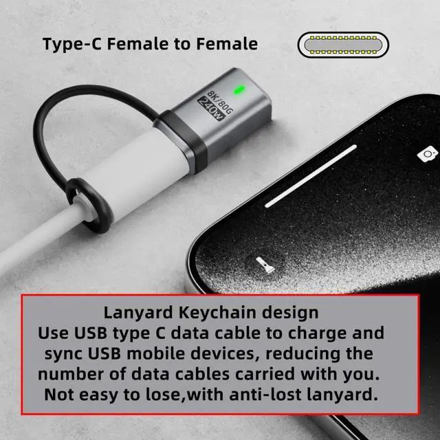 Alt view image 6 of 7 - WRIARICH Cable USB5.0 80Gbps Female to Female Extension Adapter with Lanyard Keychain 240W 16K 8K 5K Compatible with USB4.0 Thunderbolt3/4/5