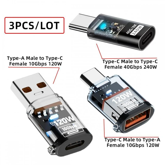 Alt view image 2 of 7 - WRIARICH 3pcs/lot Type-C Smart LED USB-C to USB3.2 Type-A Adapter OTG 10Gbps 40Gbps 120W 240W Data Fast Charging Tester Detector