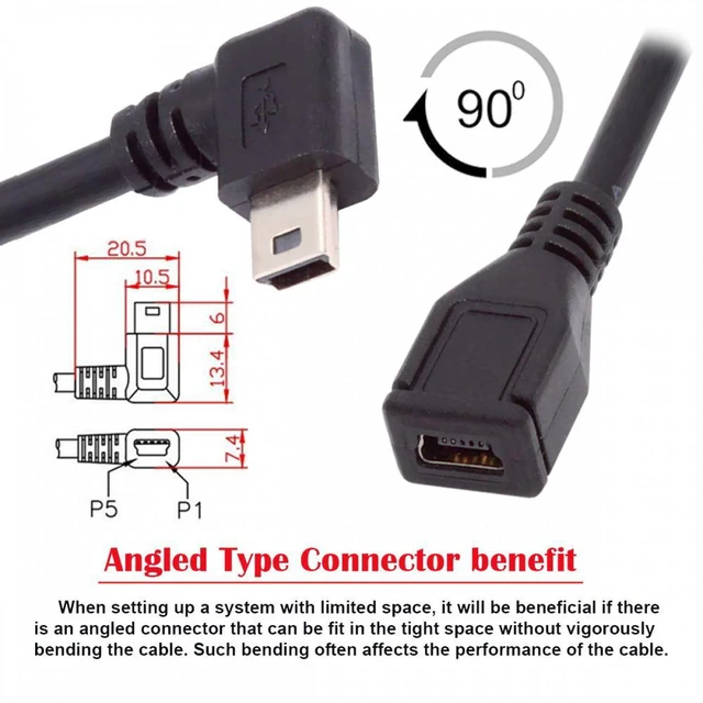 Alt view image 4 of 7 - WRIARICH 90 Degree Right Angled Mini USB 5Pin Male to Female Extension Cable 30cm for GPS Camera