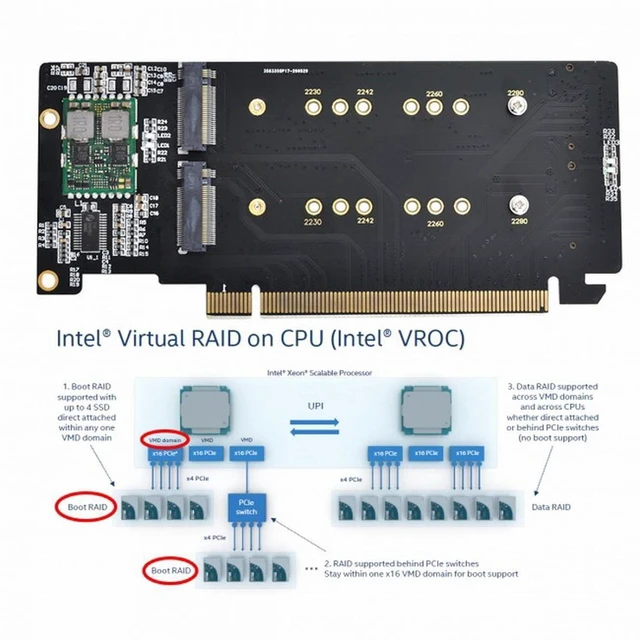 Alt view image 4 of 7 - WRIARICH 4X NVME M.2 AHCI to PCIE Express 3.0 Gen3 X16 Raid Card VROC Raid0 Hyper Adapter