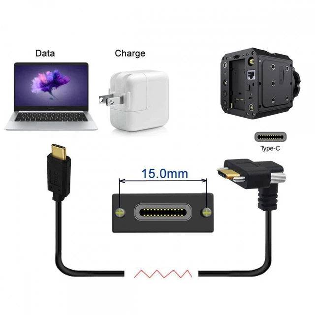 Alt view image 6 of 7 - WRIARICH USB3.1 Type-C Male to Dual Thumbscrew Locking USB-C Vertical 90 Degree Up Down Angled 10Gbps Data Cable Panel Mount Type