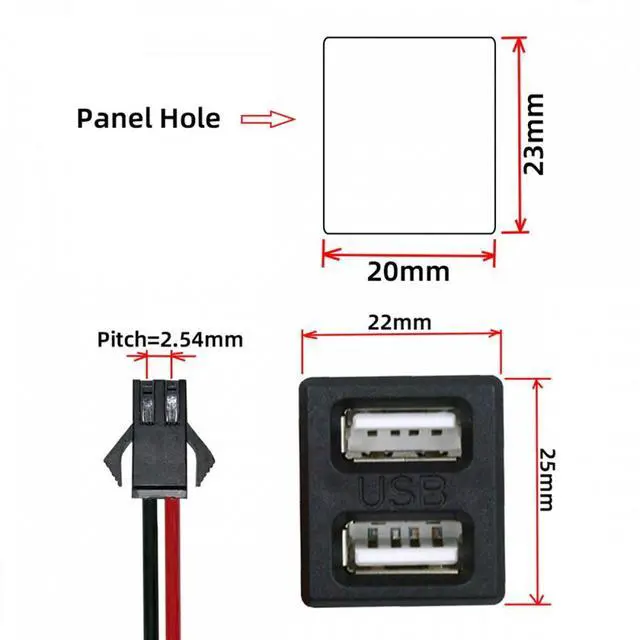 Alt view image 3 of 6 - WRIARICH DIY OEM Dual Type-A Female Socket to 2Pin Header Cable Pitch=2.54mm Latch Mount Type DC 5V Power