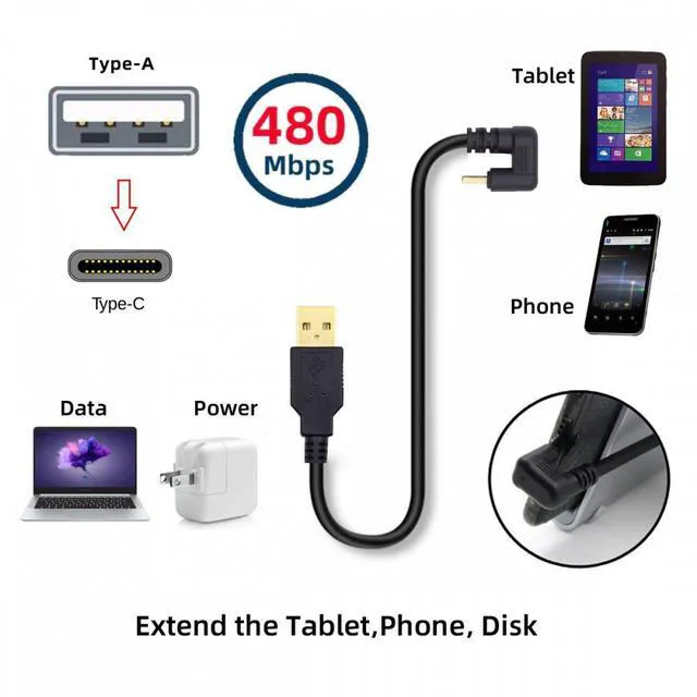 Alt view image 2 of 7 - WRIARICH USB2.0 Type-A to Type C USB-C Male to Male Power Data Cable 480Mbps USB-C Opposite U Shape Back Angled