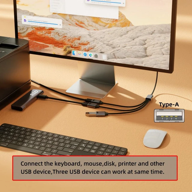 Alt view image 3 of 7 - WRIARICH USB 2.0 Type-A to 3 Ports Hub Cable Bus Power 1 to 3 Data for Laptop Desktop Phone Mouse Keyboard Printer Disk
